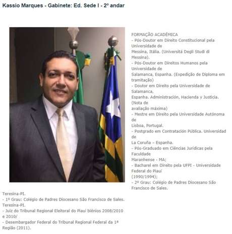 Currículo de Kassio Marques divulgado no site do TRF-1 apresenta doutorados e pós-doutorados