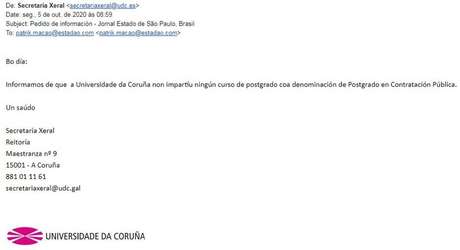 Em email, universidade informa não tem "nenhum curso de pós-graduação com a denominação pós-graduação em Contratação Pública"