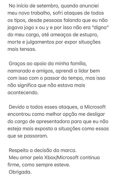 Mensagem publicada por Isadora Basile em rede social Mensagem publicada por Isadora Basile em rede social
