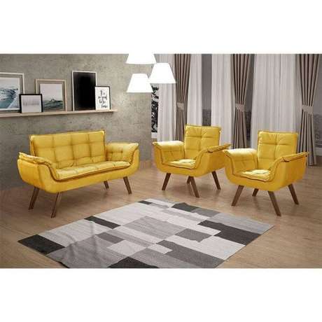 29. Conjunto para sala de estar com poltrona opala amarela – Via: Pinterest 29. Conjunto para sala de estar com poltrona opala amarela – Via: Pinterest