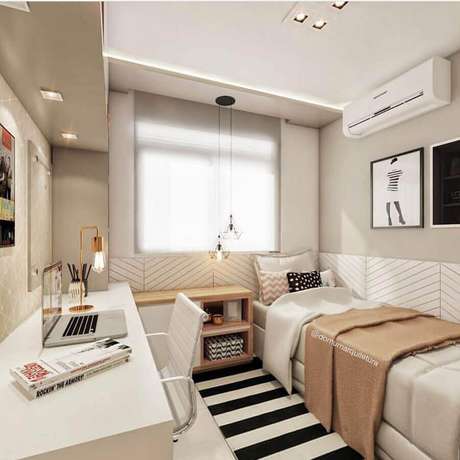 9. Uma boa iluminação será um grande diferencial na decoração de quarto de solteiro pequeno – Foto: Pinterest 9. Uma boa iluminação será um grande diferencial na decoração de quarto de solteiro pequeno – Foto: Pinterest