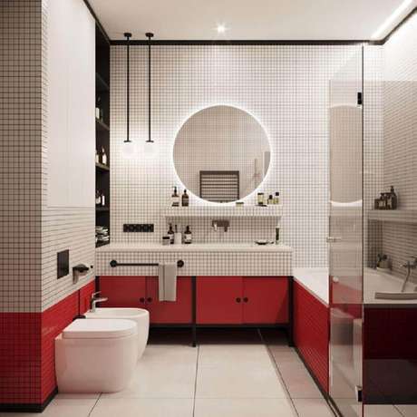 20. Decoração moderna para banheiro vermelho e branco com espelho redondo com LED – Foto: Apartment Therapy 20. Decoração moderna para banheiro vermelho e branco com espelho redondo com LED – Foto: Apartment Therapy