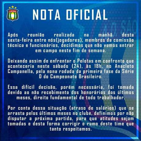 Comunicado do São Caetano que anuncia a ausência do time na próxima rodada da Série D do Brasileirão. Comunicado do São Caetano que anuncia a ausência do time na próxima rodada da Série D do Brasileirão.