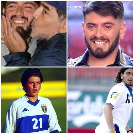 Acima, Maradona em demonstração de carinho pelo filho antes rejeitado e Diego Jr. na TV argentina; abaixo, momentos do rapaz quando tentou seguir os passos do pai no futebol Acima, Maradona em demonstração de carinho pelo filho antes rejeitado e Diego Jr. na TV argentina; abaixo, momentos do rapaz quando tentou seguir os passos do pai no futebol