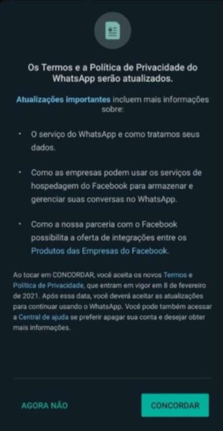 Notificação do WhatsApp sobre mudança na política de privacidade Notificação do WhatsApp sobre mudança na política de privacidade