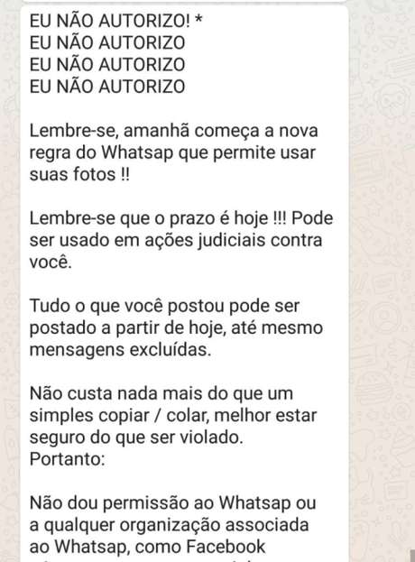 Mensagem falsa sobre a nova política do WhatsApp 