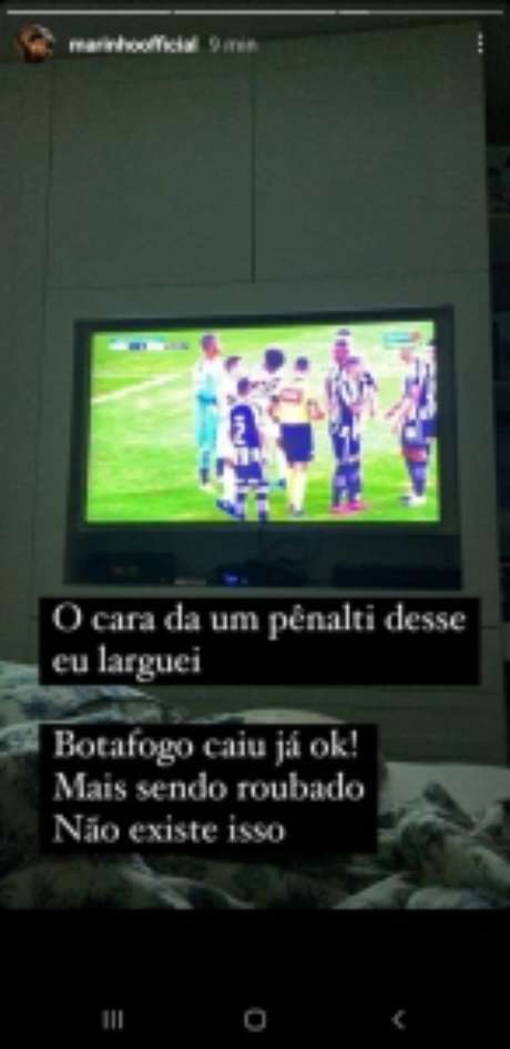 Marinho reclamou de pênalti contra o Botafogo (Reprodução/ Instagram) Marinho reclamou de pênalti contra o Botafogo (Reprodução/ Instagram)