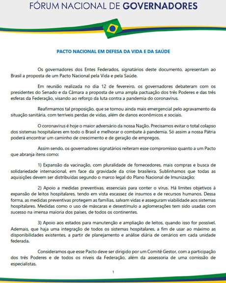 Documento divulgado pelo Fórum Nacional de Governadores.