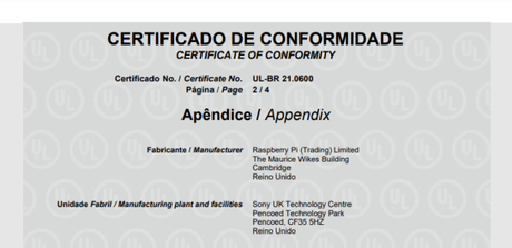 Raspberry Pi 400 Technical Compliance Certificate 