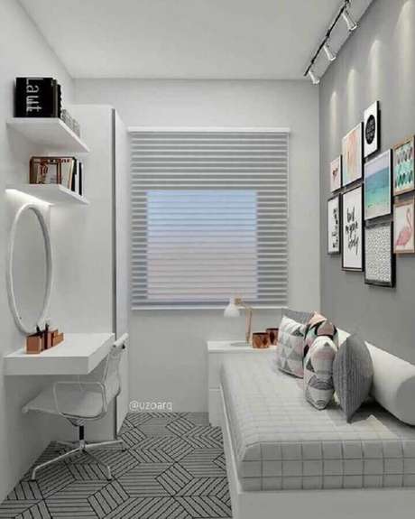 44. Decoração para quarto pequeno feminino branco e cinza – Foto Pinterest