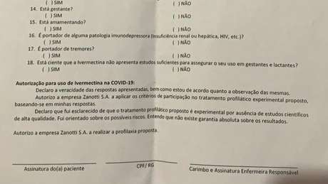 Formulário recebido por funcionários da Zanotti