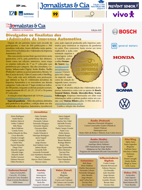 Jornalistas & Cia é um boletim eletrônico semanal que cobre todos os fatos do setor. Votação dos +Admirados da Mídia Automotiva vai até o dia 12 de abril. Jornalistas & Cia é um boletim eletrônico semanal que cobre todos os fatos do setor. Votação dos +Admirados da Mídia Automotiva vai até o dia 12 de abril.