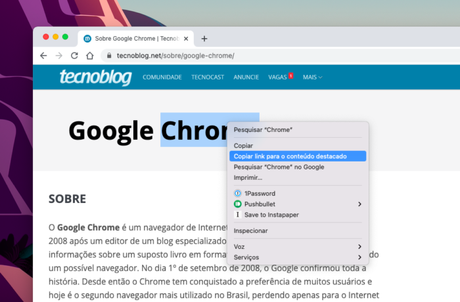 Opção para criar link para o conteúdo destacado no Google Chrome Opção para criar link para o conteúdo destacado no Google Chrome