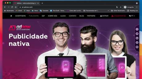 Site da Adnow, dona da Fazze, que tem sede no Reino Unido e na Rússia 