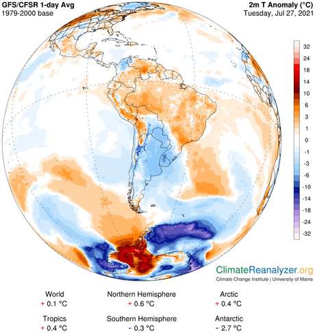 Imagem computadorizada da última terça (27/7) mostra massa de ar quente deixando a América do Sul rumo à Antártida enquanto massa de ar frio deixa a Antártida rumo à América do Sul