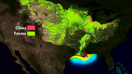 Le aree ipossiche (rosse) tendono ad apparire vicino a grandi aree agricole (verdi) del mondo.
