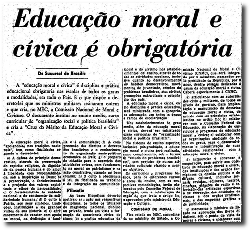 Notícia de quando a Educação Moral e Cívica passou a ser obrigatória no regime