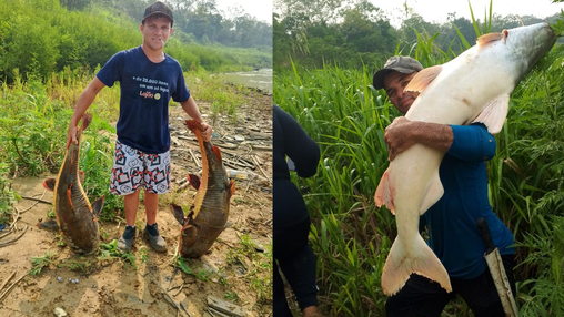 Pedro Nascimento mostra peixes que pescava antes da seca histórica no Acre