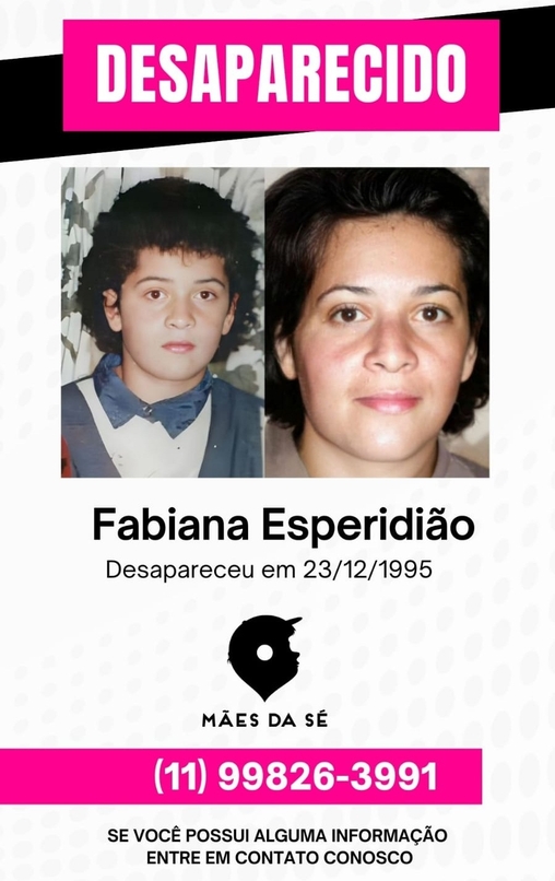 Fabiana Esperid&atilde;o teria 44 anos hoje. Ivanise fez uma imagem com progress&atilde;o de idade de como ela estaria nos dias atuais