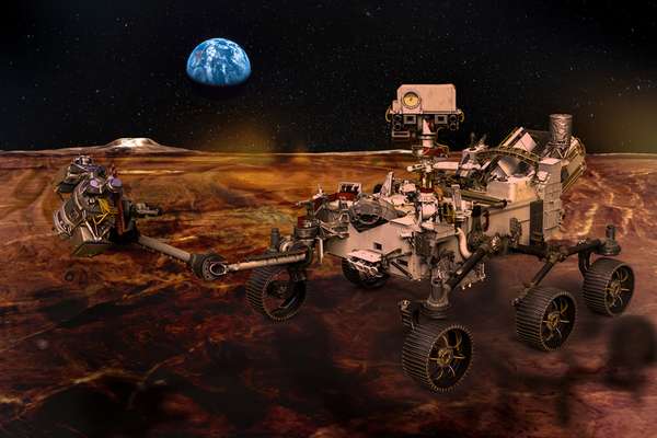 iStock Rover marciano na superfície do planeta vermelho, a paisagem alienígena e o planeta Terra no céu entre as estrelas. Elementos desta imagem fornecido pela NASA