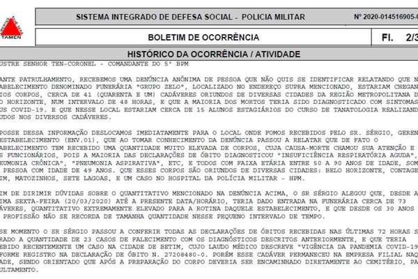 Extrato de boletim de ocorrência que registra a chegada de 41 corpos a funerária em Belo Horizonte