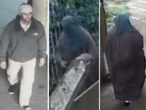 Combinação de imagens mostra o homem entrando na mesquita com roupas normais e deixando o local com o véu Foto: AFP Combinação de imagens mostra o homem entrando na mesquita com roupas normais e deixando o local com o véu Foto: AFP