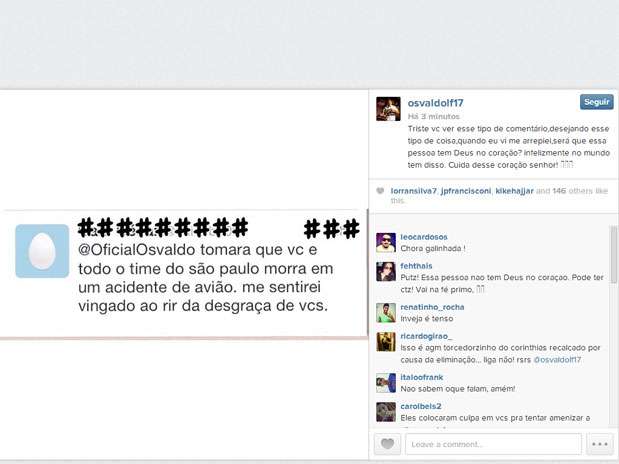 Osvaldo se revolta com mensagem ofensiva em rede social