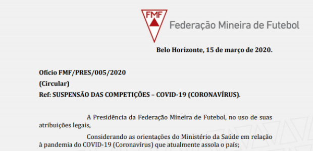 Federação Mineira suspende Estadual por causa do coronavírus