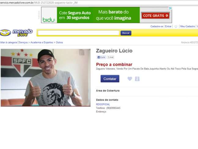 Lúcio foi colocado à venda por preço a combinar em site da rede