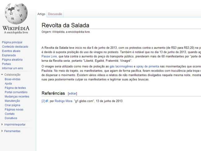 <p>Site Wikipédia ganhou uma página sobre a 'Revolta da Salada', em referência aos protestos contra o aumento das tarifas em São Paulo</p>