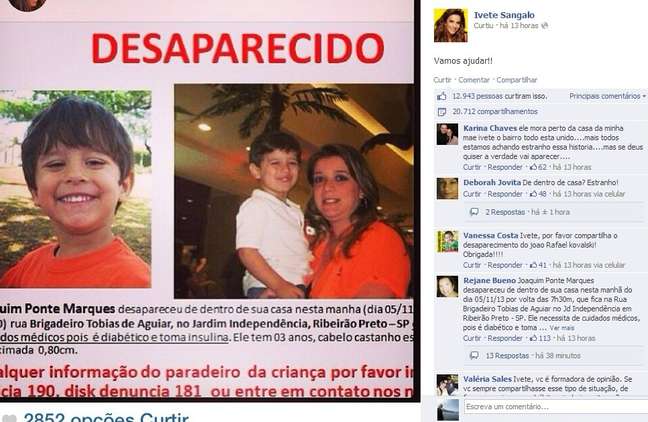 <p>Famosos, como a cantora Ivete Sangalo, usaram as redes sociais para divulgação o desaparecimento do menino Joaquim em Ribeirão Preto</p>