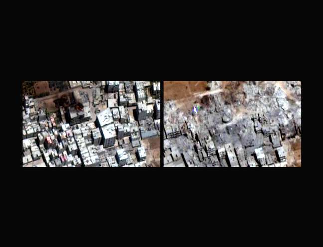 Prédios destruídos no bairro de Tadamoun em 22 de setembro de 2012. Em 16 de julho de 2012 (esq.), ainda estavam de pé 
