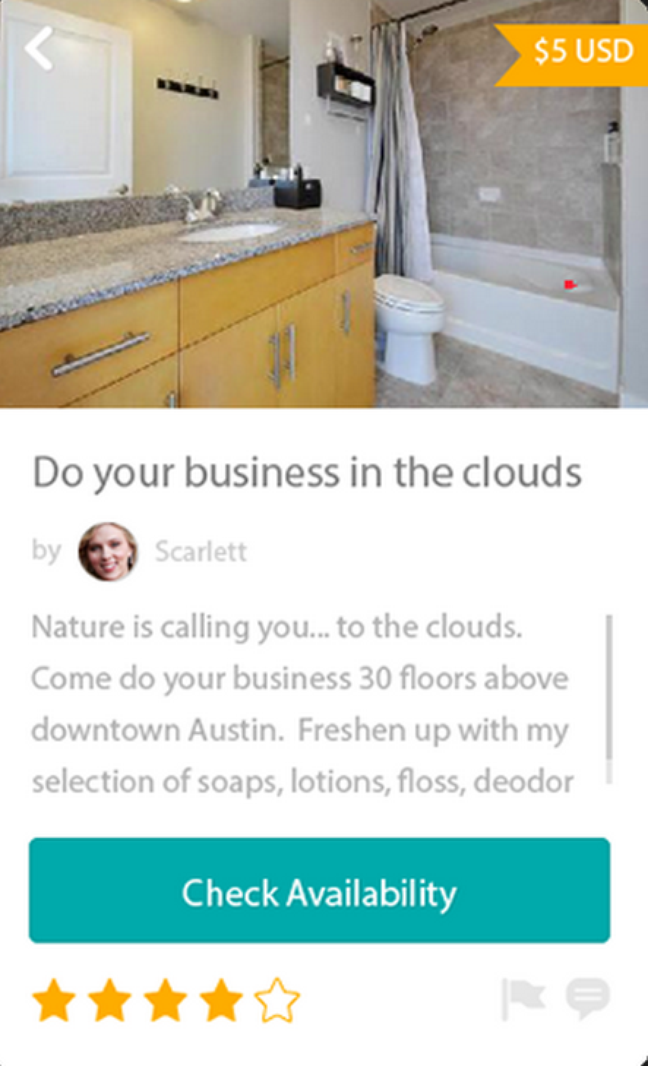 <p>O Airpnp funciona como o Airbnb, mas para banheiros. O objetivo é ajudar as pessoas a encontrar um banheiro limpo em cidades cheias nas horas de necessidade. Ainda não tem uma versão móvel, é preciso entrar no site airpnp.co.</p>