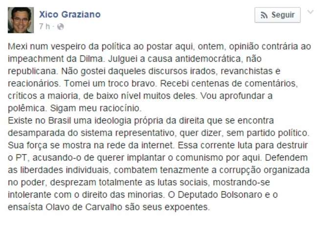 <p>Graziano dise que o Deputado Bolsonaro e o ensaísta Olavo de Carvalho representam a direita</p>