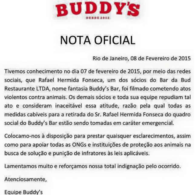 <p>Nota oficial do Buddy's Bar, estabelecimento do qual Rafael é sócio</p>