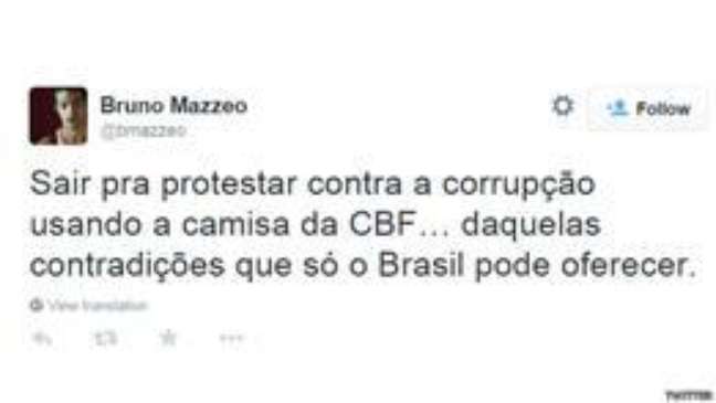 <p><strong>Bruno Mazzeo, ator:</strong> "Sair pra protestar contra a corrupção usando a camisa da CBF daquelas contradições que só o Brasil pode oferecer."</p>
