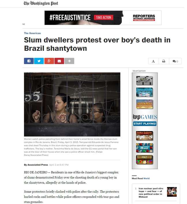 "Moradores protestam contra morte de menino em favela no Brasil", é o título da notícia do Washington Post