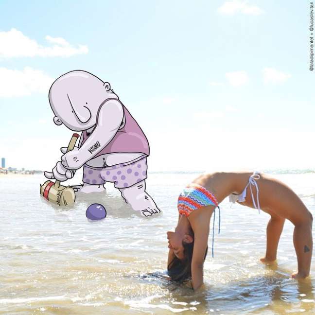 Personagem do artista gaúcho Lucas Levitan observa garota na praia