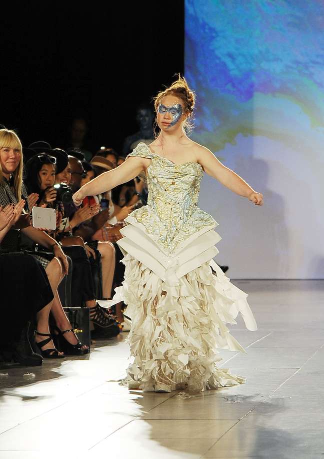 Madeline Stuart durante seu desfile na Semana de Moda de Nova York para a grife Hendrick Vermeulen