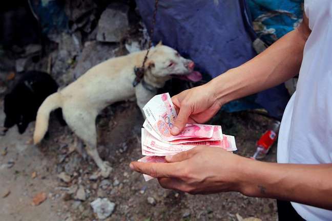 Vendedor conta o dinheiro após a venda de seu cachorro para virar prato no festival
