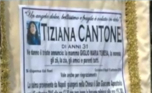 Cartaz com o anúncio do enterro de Tiziana