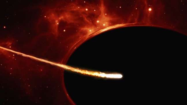 Desenho representa uma estrela parecida com o Sol sendo despedaçada por um buraco negro