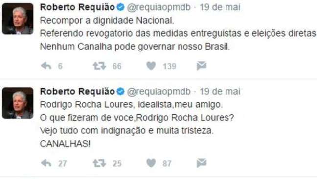 Tweets do Senador Roberto Requião no dia em que Loures foi preso 