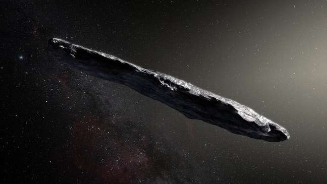 O asteroide tem um formato incomum, que lembra um charuto | Ilustração: ESO/M. KORNMESSER