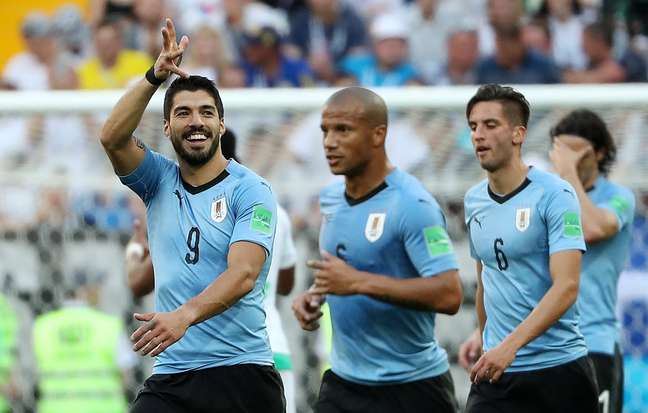 Suárez comemora gol na vitória do Uruguai sobre a Arábia Saudita