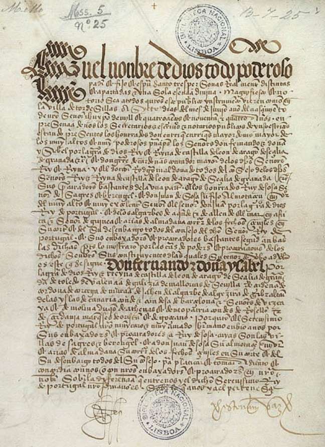 Tratado de Tordesilhas, de 1494, foi assinado por Portugal e Castela (Espanha)