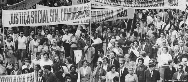Tensão social no Brasil em 1964: manifestação popular clama por reformas e justiça social e contra o comunismo