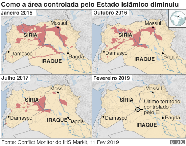 Gráfico: como a área controlada pelo Estado Islâmico diminuiu