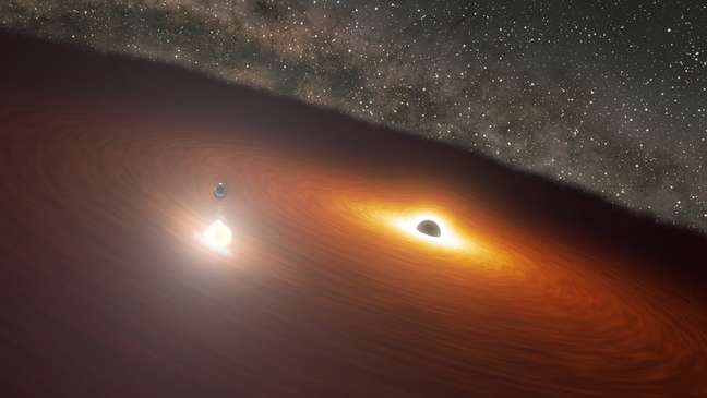 Ilustração do fenômeno: o buraco negro menor 'perfura' a órbita do maior gerando quantidades massivas de calor e luz