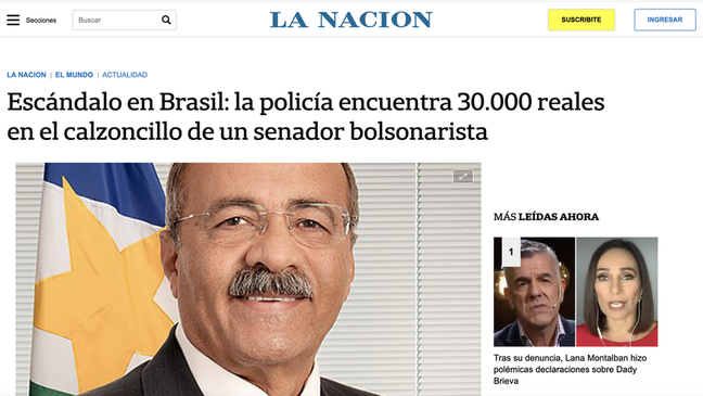 "Escândalo no Brasil: Polícia encontra R$ 30 mil na cueca de um senador bolsonarista", diz La Nación